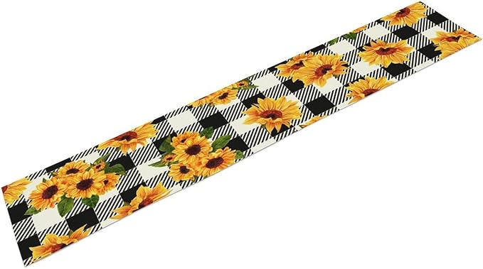 Yellow Sunflower Table Runner, Vintage Farmhouse Black White Sunshine Sunflowers Print for Autumn Farmhouse Home Kitchen Table Decoration,13x36inch