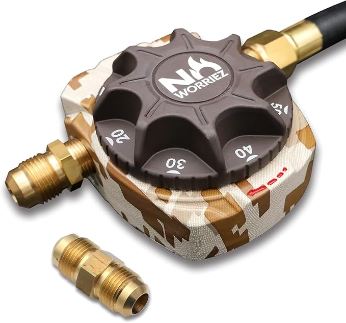 NO WORRIEZ Safety Auto Shut-Off Gas Timer for Propane & Natural Gas | Outdoor Grill, Fire Pit, Pizza Oven | – 100,000 BTU w/ 1/2" Flared Connector & Hose & Flare Male Adapter, Patent Pending
