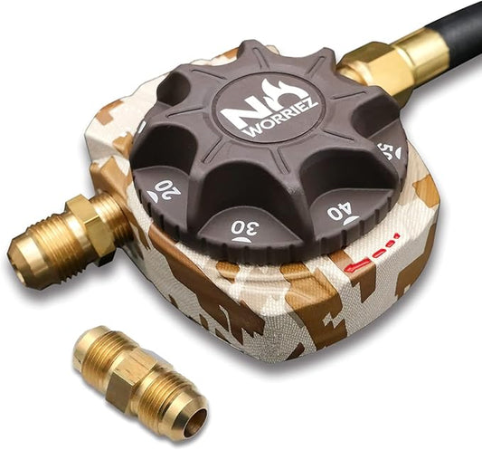 NO WORRIEZ Safety Auto Shut-Off Gas Timer for Propane & Natural Gas | Outdoor Grill, Fire Pit, Pizza Oven | – 100,000 BTU w/ 1/2" Flared Connector & Hose & Flare Male Adapter, Patent Pending