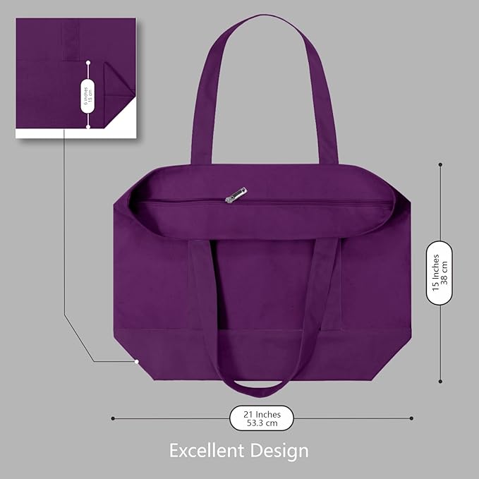 TOPDesign 1-Pack Canvas Tote Bags with an External Pocket, Reusable Grocery Shopping Bags, Top Zipper Closure, Daily Essentials (Purple)