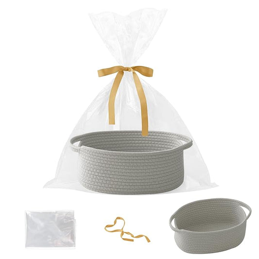 Gift Basket with Gift Bag and Ribbons,Small Rope Woven Shelf Storage,Baskets for Gifts Empty,Birthday,Baby Shower,Decorative Organizer Box with Handles(Grey)