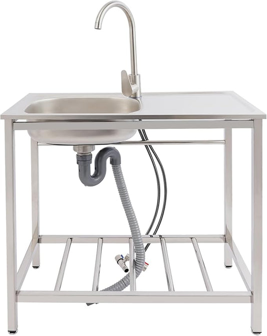 Outdoor Utility Sink, Freestanding Kitchen Sink with Faucet, Utility Sink Freestanding Single Bowl Portable Washing Hand Basin Station with 2 Tier Storage Shelves for Backyard (29.52x 15.74x 29.52in)