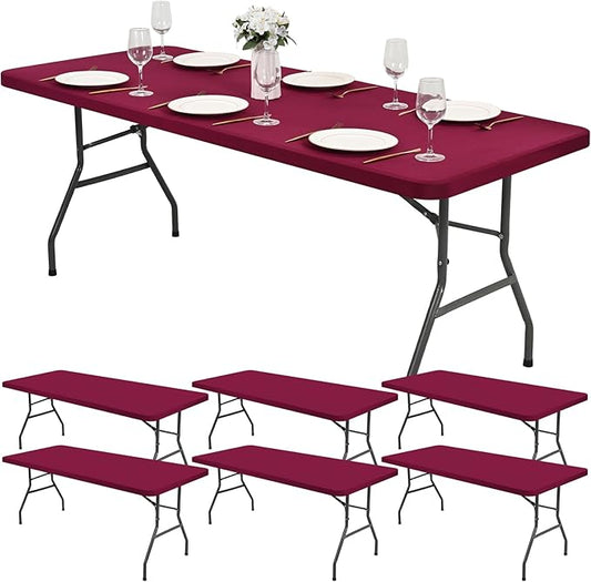 6 Pack Stretch Fabric Table Top Cap Cover, Wine Red Table Covers fits 8Ft Tables, Washable Elastic Universal Rectangle Tablecloth Protector for Indoor Outdoor Party Picnic Wedding (30" W x 96" L)