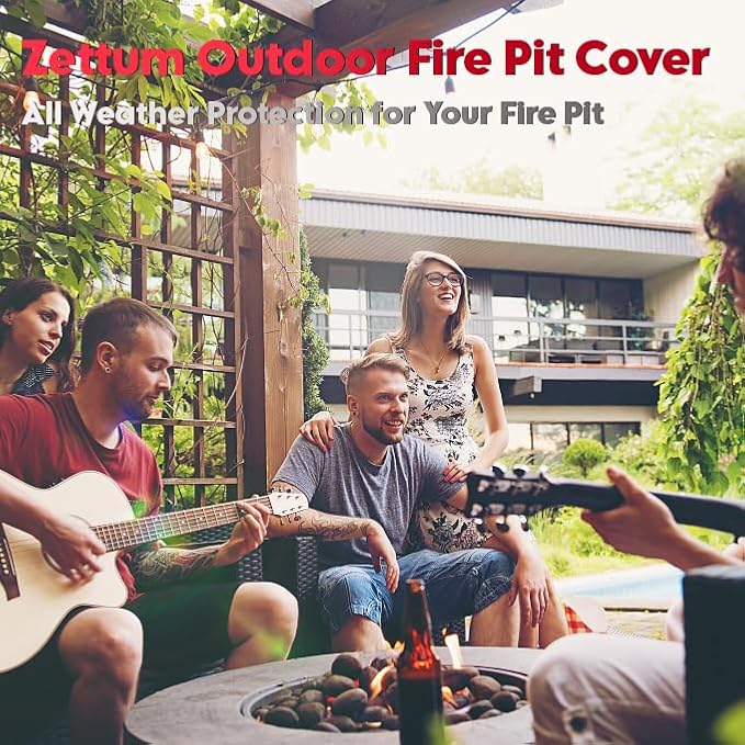Zettum Fire Pit Cover Round 44 Inch - Outdoor Firepit Cover Waterproof & Heavy Duty, 600D Patio Fire Table Cover Gas Fire Pit Accessories Fade & Weather Resistant - 44 x 44 x 24 Inch