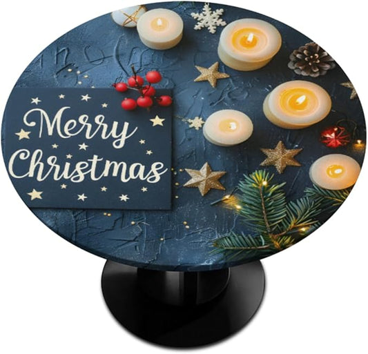 Merry Christmas Candle Star Round Table Cloth Cover, Elastic Edge Waterproof Wipeable Tablecloths 36"-42" Polyester Tablecloth for Party Restaurant Banquet Holiday Camping Outdoor Picnic