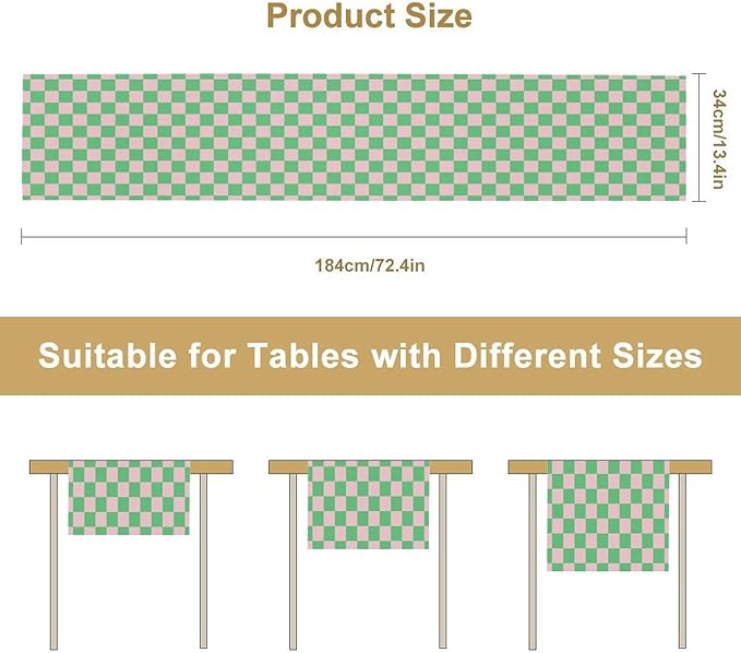 Retro Checkered Table Runner, Cute Pink Green Checkerboard Vintage Hippie Modern Aesthetic Table Runner for Party Kitchen Dining Home Outdoor Banquet 13x60in