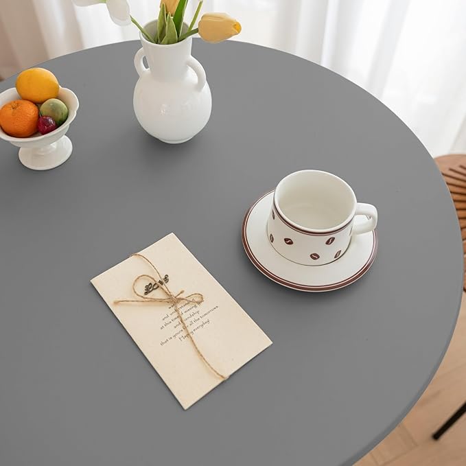Round Fitted PU Tablecloth with High Elastic Edge 59 Inch Dia Waterproof Oil Proof Table Cloth Anti-Scald Stain-Resistant Wipeable Table Cover for Indoor Outdoor Picnic (Light Grey,59" Dia)