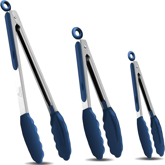 HOTEC Premium Stainless Steel Locking Kitchen Tongs with Silicon Tips, Set of 3-7", 9" and 12" (Classic Blue)