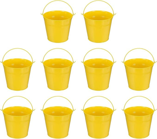 Small Metal Buckets, Mini Buckets with Handle Galvanized Colored Tin Pail Containers Basket Party Supplies - Fit for (Halloween - Classroom Crafts) 5" & 10Pcs & Yellow