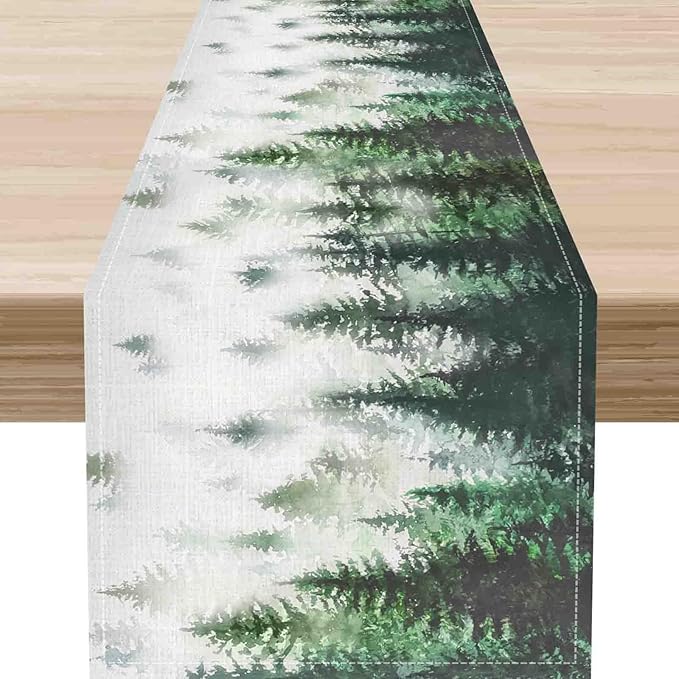 Green Forest Table Runner, Rustic Farmhouse Green Pine Tree Woodland Seasonal Mountain Country Coffee Table Center Decor for Home Kitchen Dining Patio Holiday Party Table Decorations, 13"x72" Inch