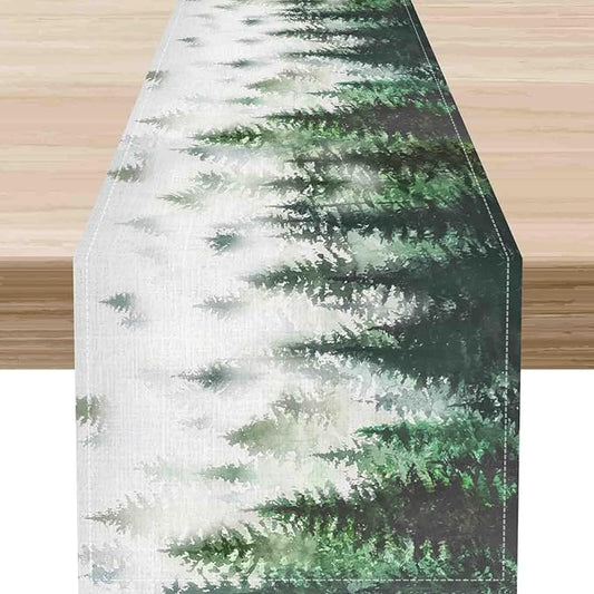Green Forest Table Runner, Rustic Farmhouse Green Pine Tree Woodland Seasonal Mountain Country Coffee Table Center Decor for Home Kitchen Dining Patio Holiday Party Table Decorations, 13"x36" Inch