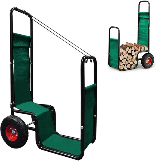 Firewood Cart with Pneumatic Wheel: 44 X 27 X 20 in Heavy Duty 220 lbs Load Capacity Waterproof Easy Assembly Rack for Indoor Garden Backyard Fireplace Men Women Use with Rubber Wheels