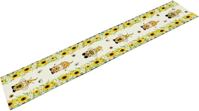 Summer Sunflower Gnome Table Runner, Buffalo Plaid Bee Farmhouse Seasonal Table Decoration for Outdoor Home Party Kitchen Dining Holiday 13x60in