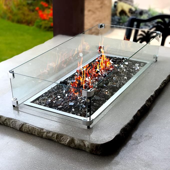 Holy Fire 29.5" L x 13.5" x 6" Rectangle Fire Pit Glass Wind Guard Clear Tempered Glass Flame Protective Pane Wind Resistant - Fits 24”x8 Fire Pit Burner Pan