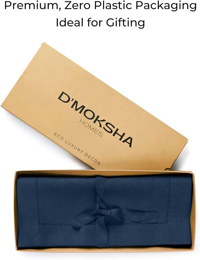 D'Moksha Homes Linen Navy Blue Table Runner 84 Inches Long - 100% Pure Linen Table Runner 14 x 84 Inch for Easter - Classic Hemstitch
