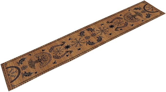 Viking Table Runners, Viking Tree of Life Raven Helmet of Awe Wood Print Table Runner for Home Kitchen Coffee Dining Room Bedroom Party 13x120in