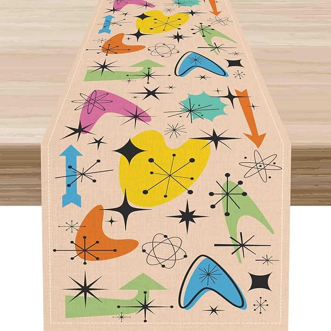 Mid Century Table Runner, Retro 1950s Atomic Minimalist Modern Abstract Geometric Colorful Coffee Table Center Decor for Home Kitchen Dining Patio Holiday Party Table Decorations, 13"x72" Inch