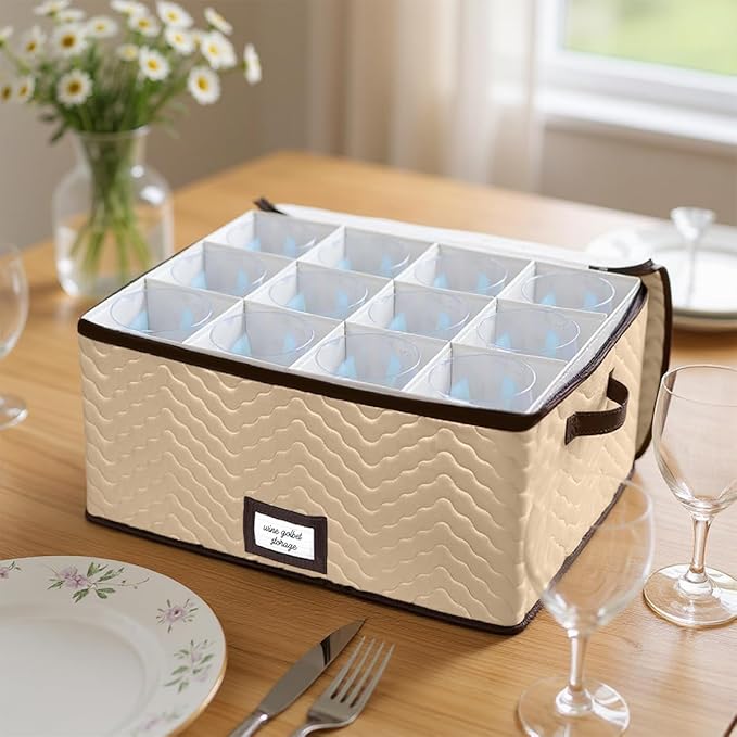 Wine Glass Storage Box with Dividers - Stemware Storage Case, Durable Quilted Microfiber Bin with Carry Handles, Protects Fine China - (2 Pack, Red Wine Glass)