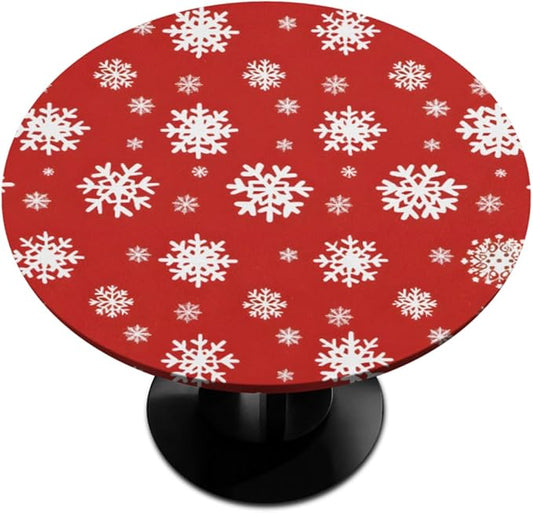 Christmas Snowflake Red White Round Table Cloth Cover, Elastic Edge Waterproof Wipeable Tablecloths 45"-56" Polyester Tablecloth for Party Restaurant Banquet Holiday Camping Outdoor Picnic