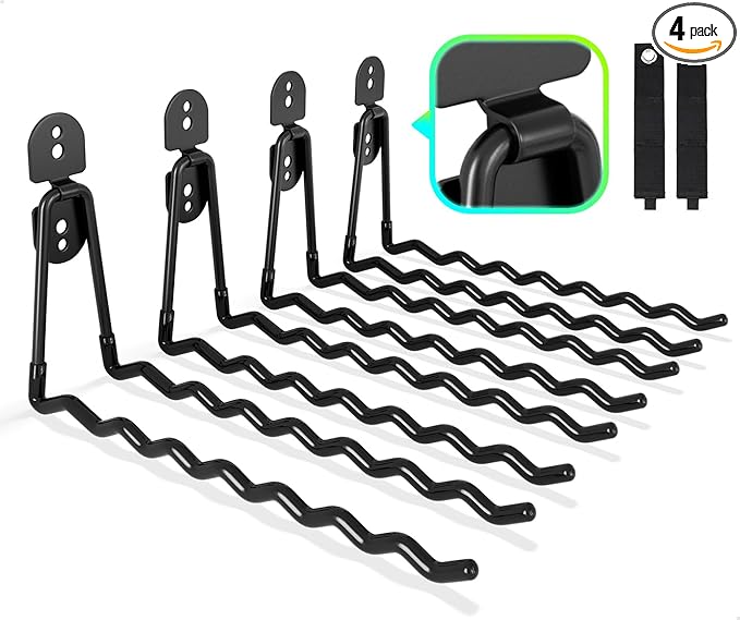 Garage Hooks 4-Pack, 11.8" Long Large Shed Storage Hanger Garden Tool Hook Heavy Duty Wall Mount Double Holder with 2 Extension Cord Storage Straps, Organize Yard Utility Hanging Ladder Black