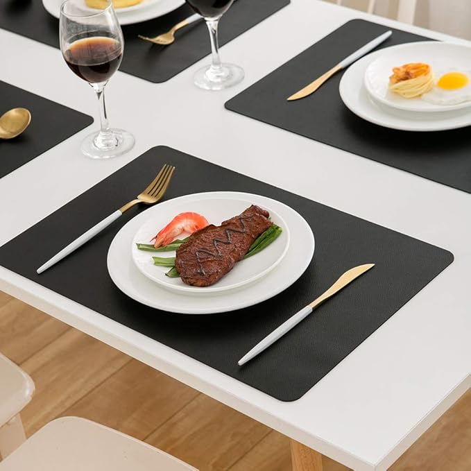 DOLOPL Placemats Set of 6 – Black Wipeable Faux Leather Table Placemats, Waterproof and Heat Resistant Place Mats for Dining Table, Kitchen, and Outdoor Use – Modern Table Mats for Halloween Decor