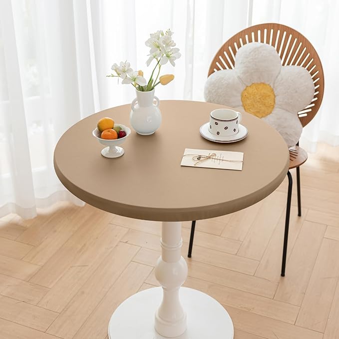 Round Fitted PU Tablecloth with High Elastic Edge 43 Inch Dia Waterproof Oil Proof Table Cloth Anti-scald Stain-Resistant Wipeable Table Cover for Indoor Outdoor Picnic (Cream Coffee,43"Dia)
