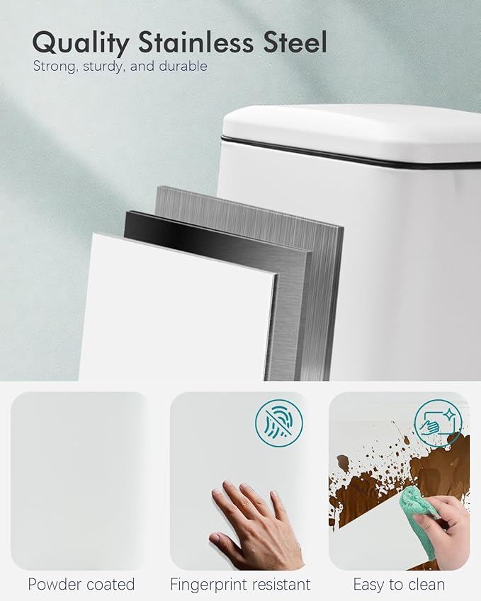 Bathroom Trash Can with Lid, 6 Liter / 1.6 Gallon Small Trash Can with Removable Liner Bucket, Soft Close lid & Step Pedal, White Stainless Steel Garbage Can for Bedroom, Office