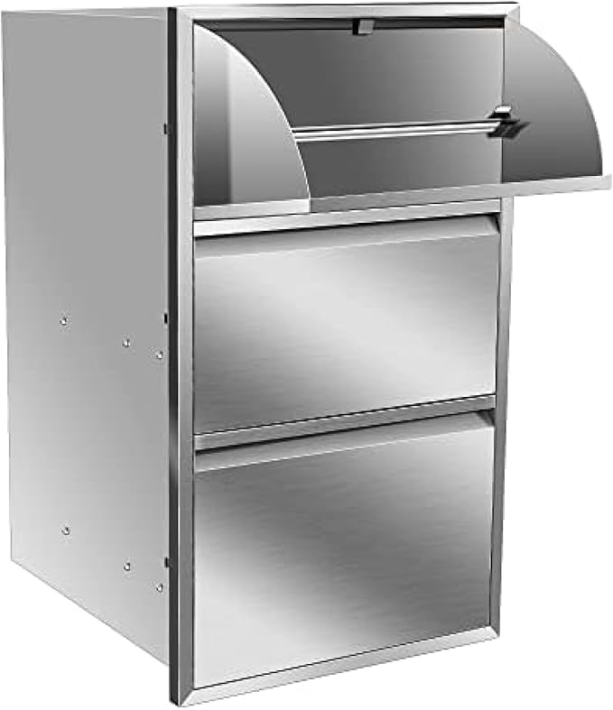 Pull Out Trash Drawer, Lower Sliding Rails Stainless Steel Roll Out Trash Bin Pull Out Tray With Handle For Outdoor Kitchen BBQ Island Grill Station,Three Drawers