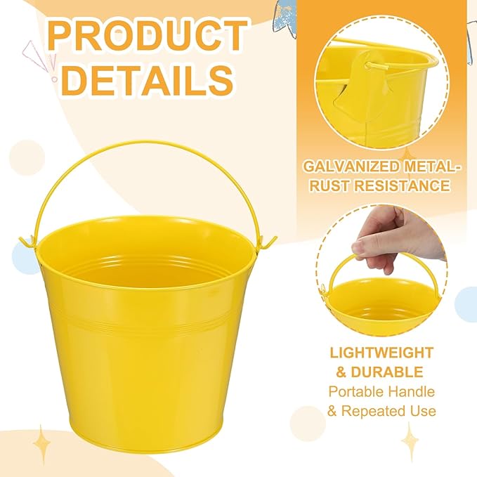 Small Metal Buckets, Mini Buckets with Handle Galvanized Colored Tin Pail Containers Basket Party Supplies - Fit for (Halloween - Classroom Crafts) 5" & 10Pcs & Yellow