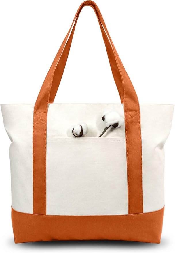 TOPDesign 6-Pack Canvas Tote Bags with an External Pocket, Reusable Grocery Shopping Bags, Top Zipper Closure, Daily Essentials (Orange/Natural)