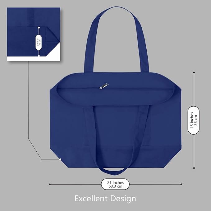 TOPDesign 6-Pack Canvas Tote Bags with an External Pocket, Reusable Grocery Shopping Bags, Top Zipper Closure, Daily Essentials (Blue)
