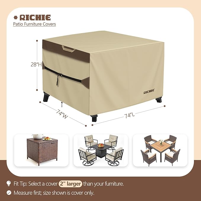 Outdoor Patio Furniture Cover - Heavy Duty Waterproof 600D Tough Canvas Protector for Square Table Cover, All-Season Dining Table and Chair Cover (74L x 74W x 28H Inch)