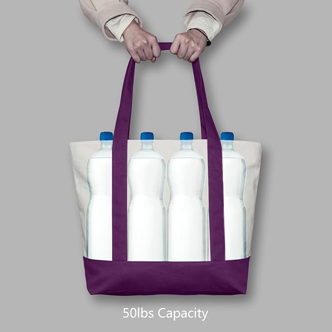 TOPDesign 1-Pack Canvas Tote Bag with an External Pocket, Reusable Grocery Shopping Bag, Top Zipper Closure, Daily Essentials (Purple/Natural)