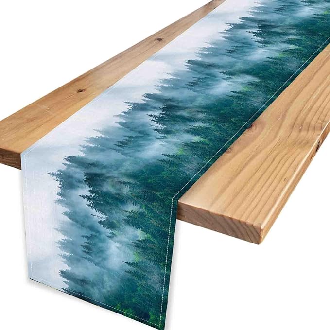 Forest Table Runner, Rustic Farmhouse Misty Pine Tree Woodland Mountain Country Coffee Table Center Decor for Home Kitchen Dining Patio Holiday Party Indoor Outdoor Table Decorations, 13"x90" Inch