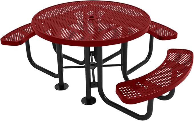 COATEDOUTDOORFURNITURE Heavy-Duty Portable Outdoor Picnic Table with Umbrella Hole, Punched Steel Patio Dining Furniture Made in America (46" Round Top, Textured Burgundy)
