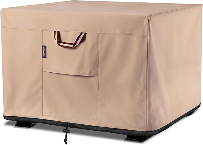 QH.HOME Fire Pit Cover Square-40-44 Inch Heavy Duty 900D Strong Tear-Resistant and UV Resistant and Waterproof and Fading Resistant Material Polyester Firepit Covers for Outdoor Fire Table-Wheat