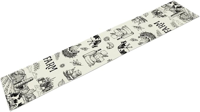 Milk Farm Table Runner, Rustic Farmhouse Animals Fresh Eggs Bread Vegetables Print Table Runner for Farmhouse Kitchen Decor Party Picnic Holiday Dinner, 13x60inch