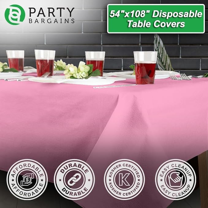 PARTY BARGAINS 40 Disposable Table Covers - 54" X 108" Pink Table Cover, 3 Ply Paper & Plastic Tablecloth