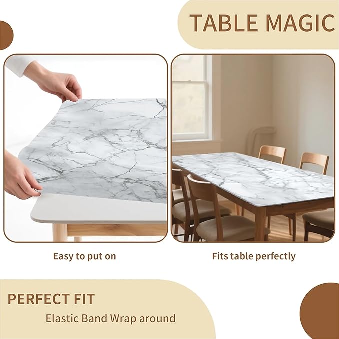 Rectangle Table Cloth Cover Waterproof Elastic Fitted Polyester Fitted Tablecloths for 6 Foot Tables for Indoor,Picnic, Camping, Outdoor （60" x 30"，Marble）