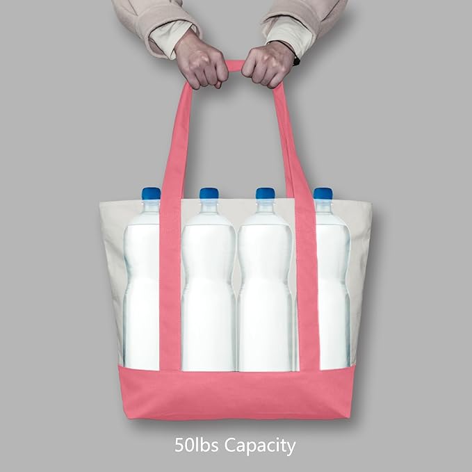 TOPDesign 6-Pack Canvas Tote Bags with an External Pocket, Reusable Grocery Shopping Bags, Top Zipper Closure, Daily Essentials (Rose Pink/Natural)