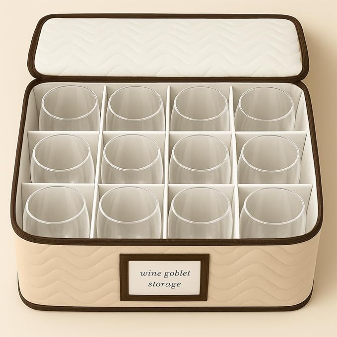 Wine Glass Storage Box with Dividers - Stemware Storage Case, Durable Quilted Microfiber Bin with Carry Handles, Protects Fine China - (2 Pack, Red Wine Glass)