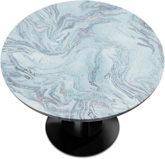Blue Silver Marble Pattern Round Table Cloth Cover, Elastic Edge Waterproof Wipeable Tablecloths 45"-56" Polyester Tablecloth for Party Restaurant Banquet Holiday Camping Outdoor Picnic