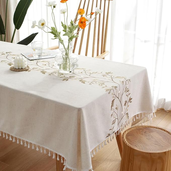 Pahajim Rustic Linen Tablecloth Cotton Waterproof Table Cloth for Kitchen Dining with Tassel Rectangle Tablecloths Rectangle/Oblong, 55''x 87'', 6-8 Seats