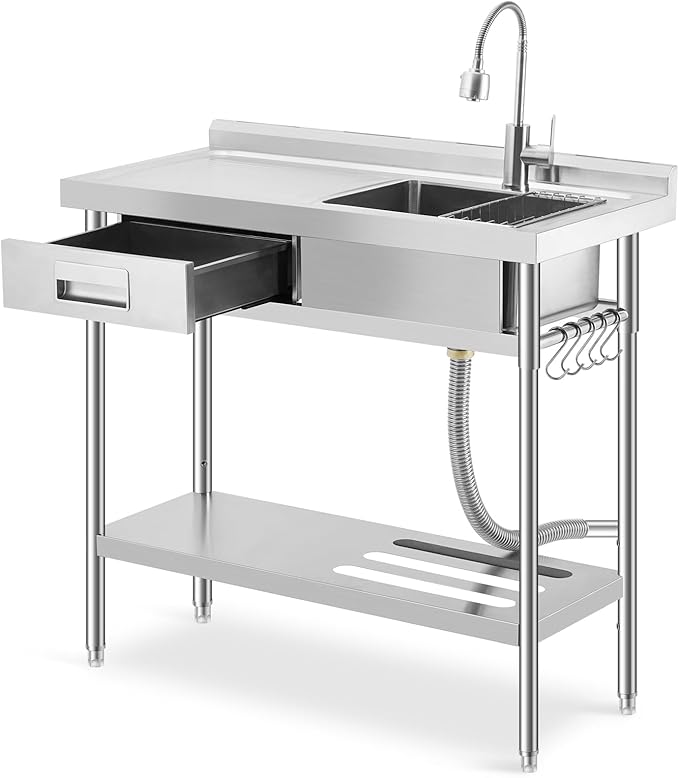 Freestanding Stainless Steel Utility Sink with Workbench, Left Drawer,39" Commercial Kitchen Sink with Faucet, Hot & Cold Water, Storage Shelf, S-Hook,Knife Holder, Adjustable Leg for Indoor Outdoor