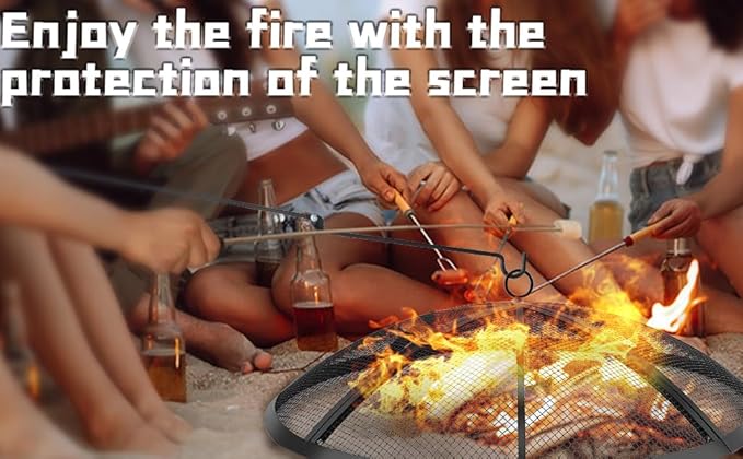 Fire Pit Spark Screen, Outdoor 22 Inch Round Fire Pit Screen with Foldable Hook and Fire Safety Gloves, Heavy Duty Steel Mesh Fire Pit Cover, Fire Pit Lid for Backyard, Beach, RV Camping