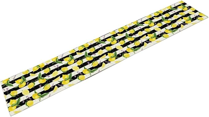 Farmhouse Lemon Fruit Table Runner Nature Aesthetic Black White Stripe Flowers Plant Dining Table Decoration for Home Holiday Party Dresser Kitchen Cabin Restaurant Wedding Decor 13×108in