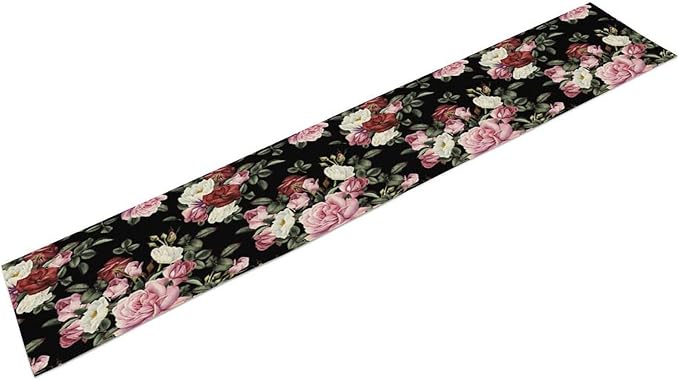 Gothic Floral Table Runner,Vintage Pink Red Rose Flower Print Table Runner for Kitchen Dining Table Indoor Outdoor Home Party Decor,Black 13x120in