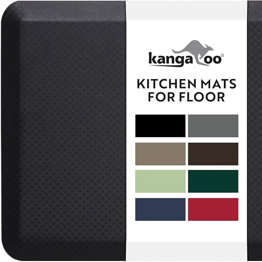 KANGAROO Thick Ergonomic Anti Fatigue Mats for Kitchen Floor, 39x20, Cushioned Standing Office Desk Mat, Waterproof Scratch Resistant Topside, Supportive All Day Comfort Padded Foam Rugs, Black