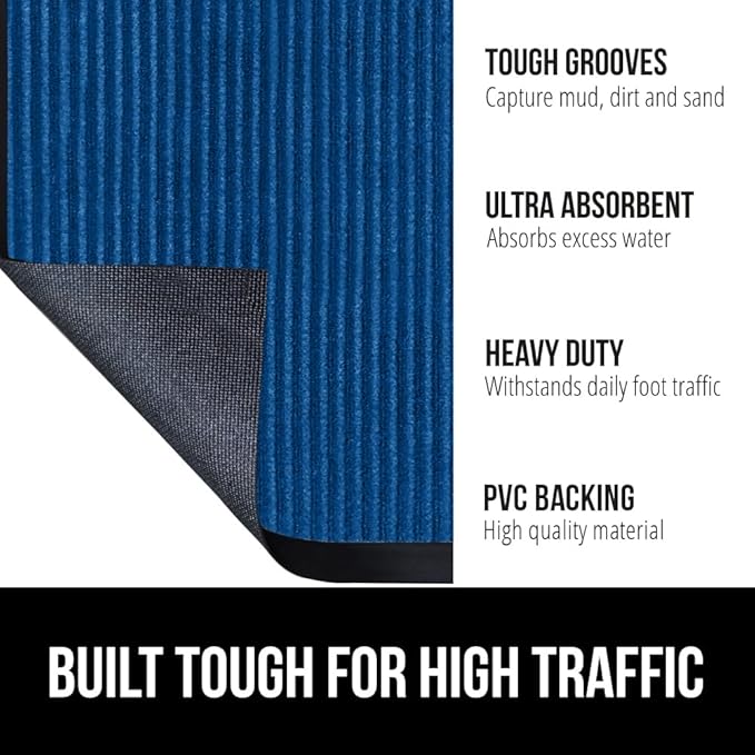 GORILLA GRIP Waterproof Traffic Guard Door Mat, 35x23, Heavy Duty Entryway Mats, Strong Rubber Back Commercial Utility Rugs for Office Hallway, Garage Floor and Home, Low Profile Carpet Runner, Blue