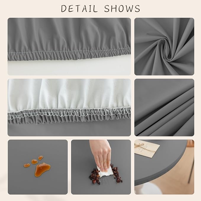 Round Fitted PU Tablecloth with High Elastic Edge 28 Inch Dia Waterproof Oil Proof Table Cloth Anti-Scald Stain-Resistant Wipeable Table Cover for Indoor Outdoor Picnic (Light Grey,28" Dia)